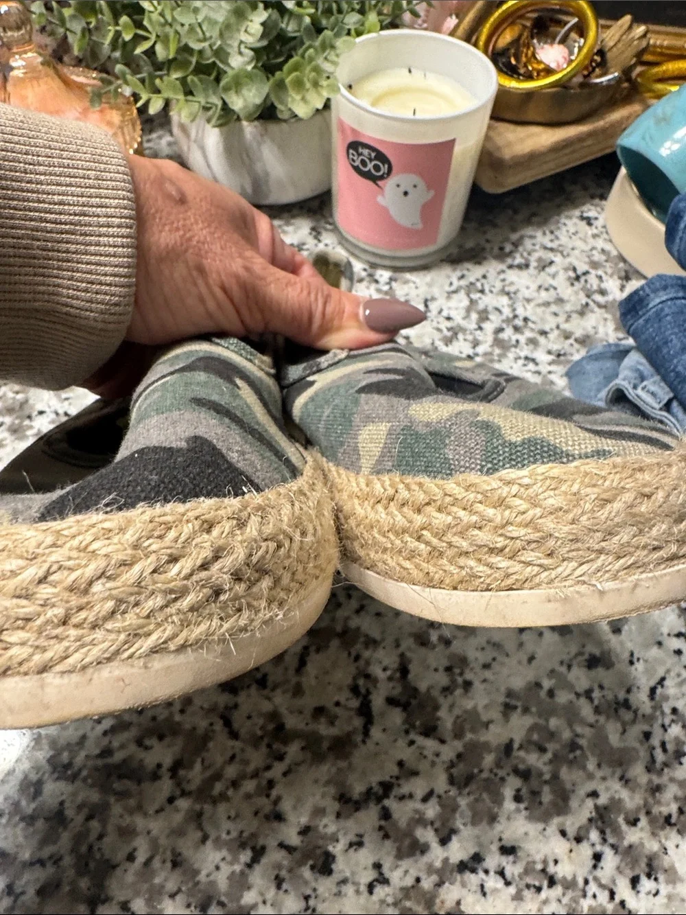 Esprit Camouflage Slip-On Espadrilles in Green and Tan